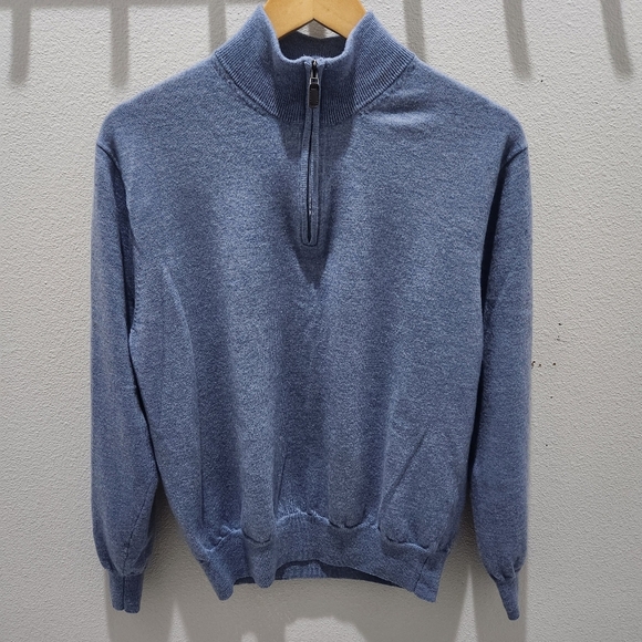 Jos A Bank Traveler 100% Merino Wool 1/4 Zip Pullover Sweater Blue Mens ‎ L - Picture 1 of 5